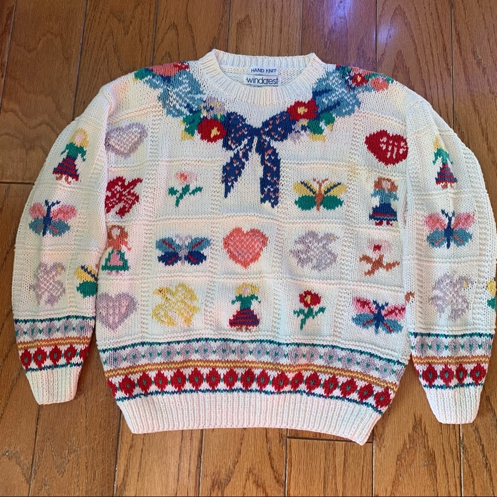 Vintage Windcrest Hand Knit Cottagecore Valentine Heart Bow Floral Sweater